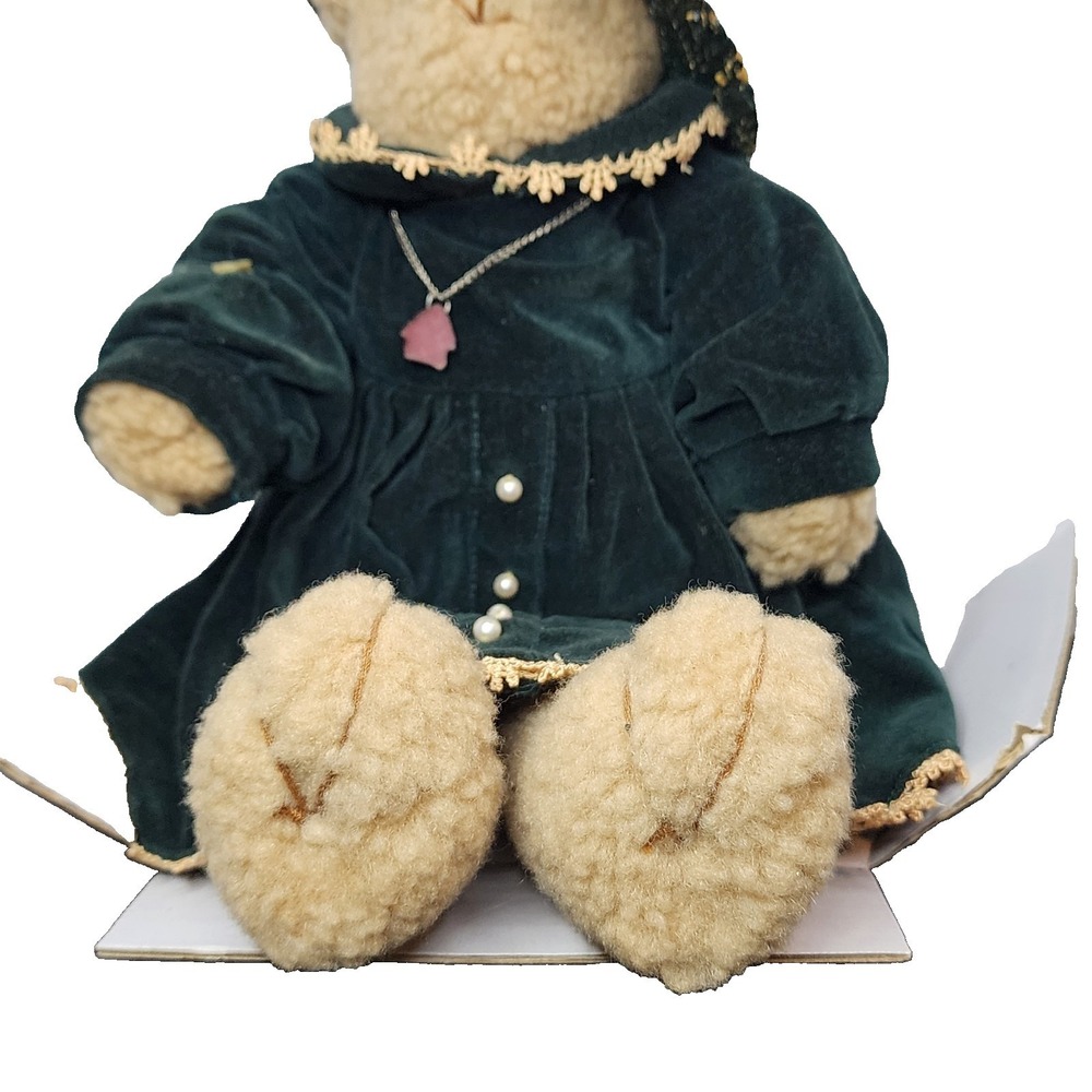 Vintage 1990s Delton Charlotte Victorian Teddy Bear Green Velvet Dress Straw Hat - Picture 6 of 10